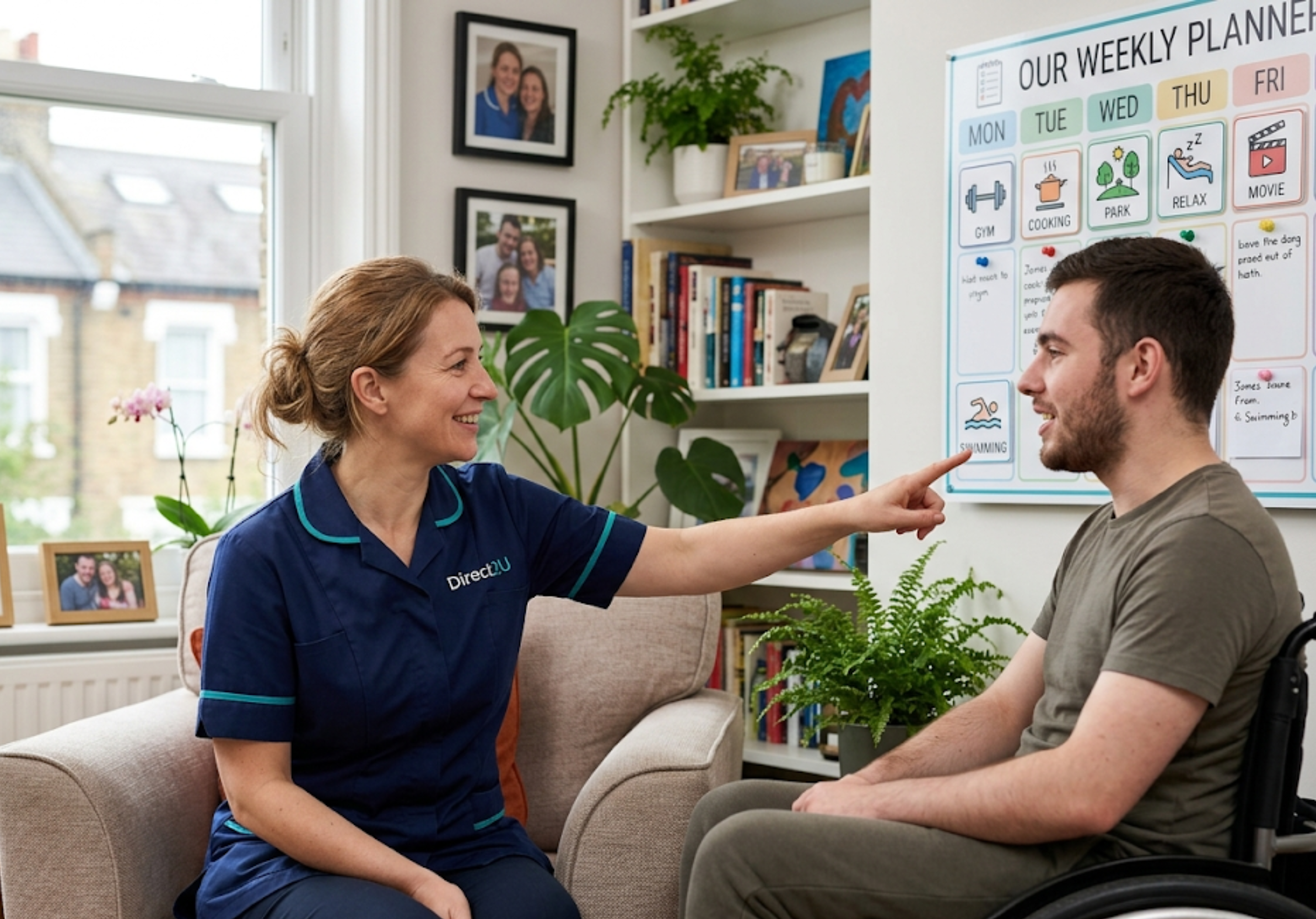 Direct2U supported living support worker using a visual communication board with a young adult client in his own Enfield flat